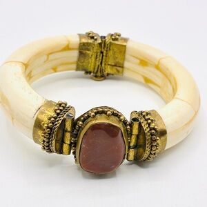 Vintage Bone Bangle Bracelet Brass Hinged Agate Stone Boho Statement